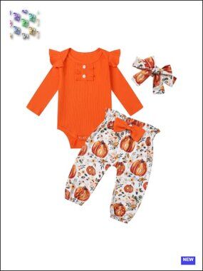 Baby Girl Halloween Pumpkin Bell Bottom Outfit 3-Piece Cotton Romper
